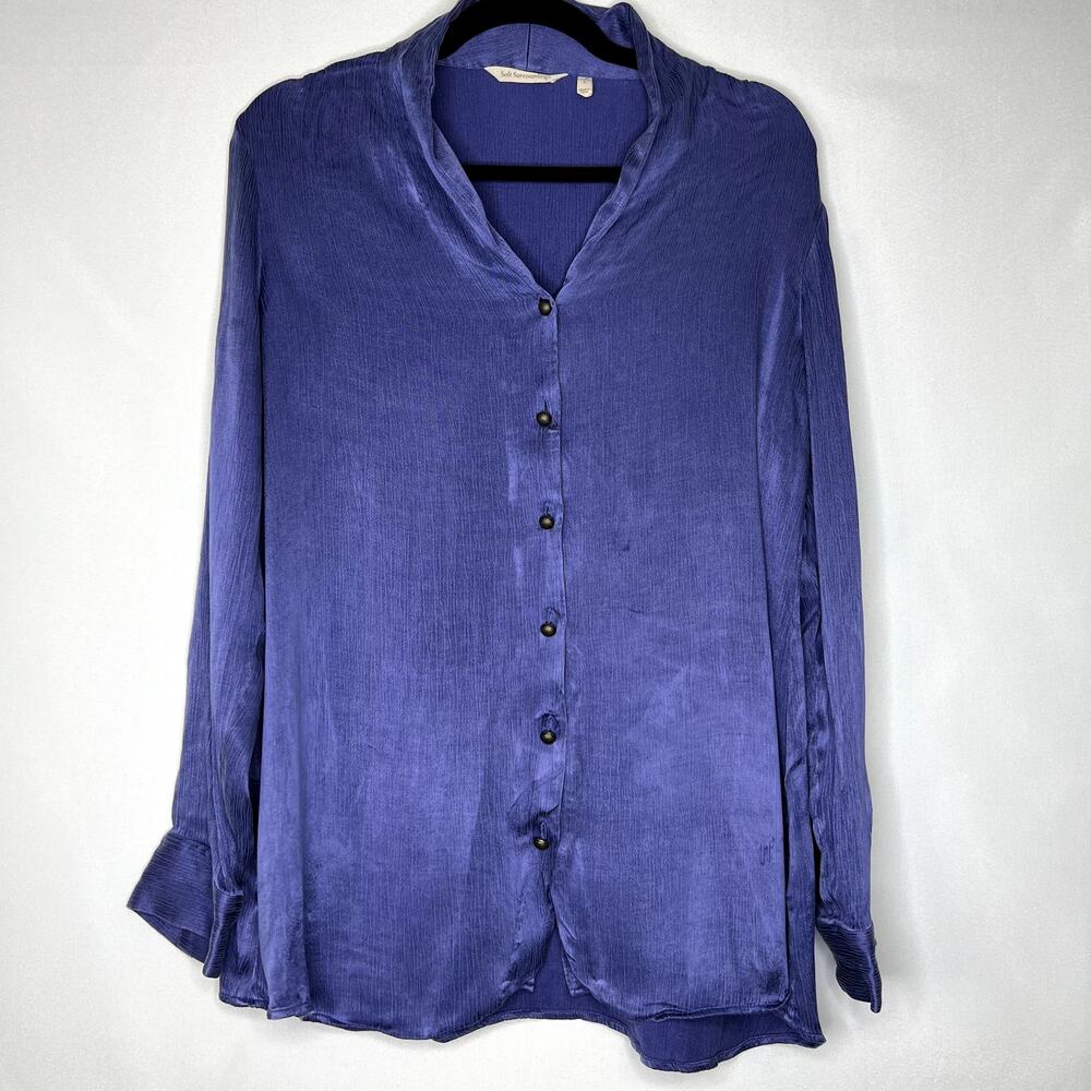 Soft Surroundings Roxanna Cupro Shirt Women’s Size L Button Front V-Neck Crinkle